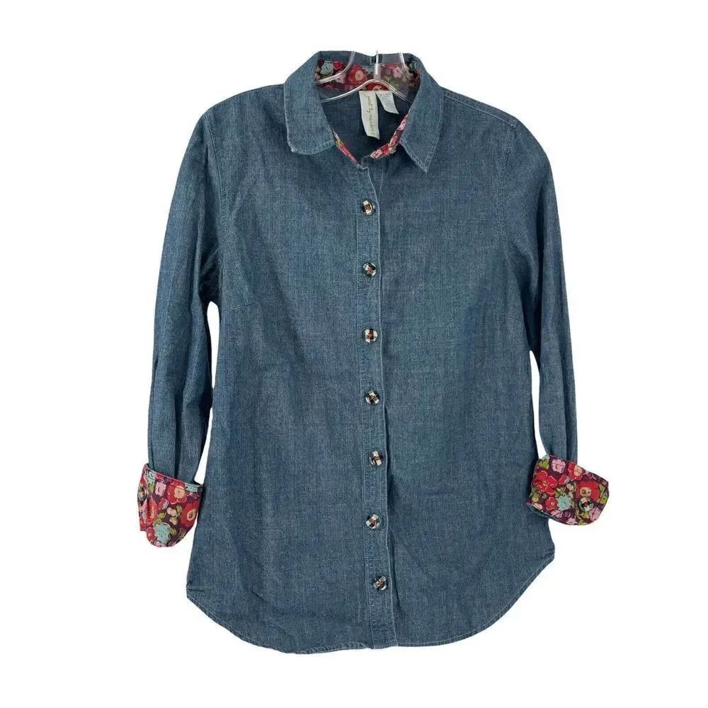 Matilda Jane Paint By Numbers Flip Cuff Chambray Button Up Shirt Blue Womens XS